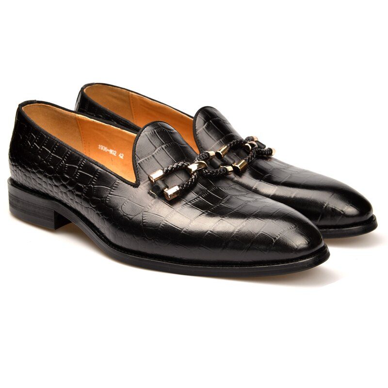 Herre Loafers Luksus Krokodille Læder Slip On Brogue Sko - Sort