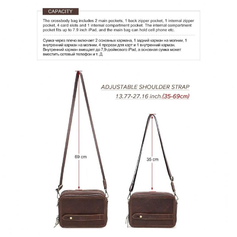 Herre Skuldertasker Elegant Crazy Horse Læder Klassisk Crossbody Taske - Kaffe