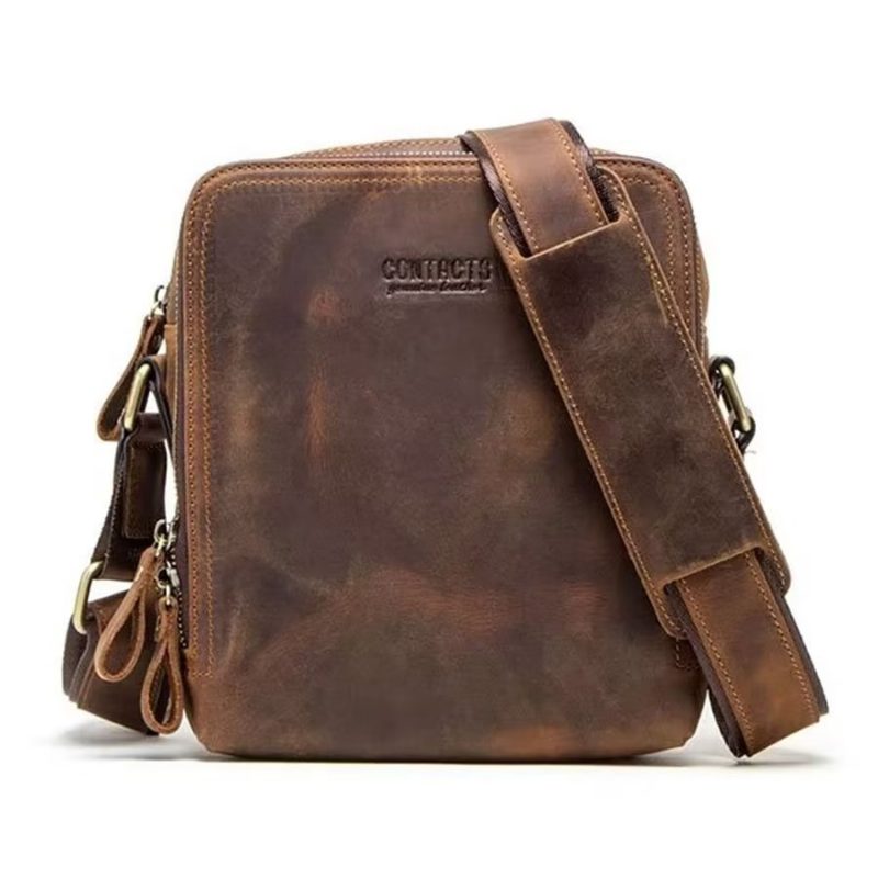 Herre Skuldertasker Elegant Crazy Horse Læder Robust Crossbody Taske - Kaffe