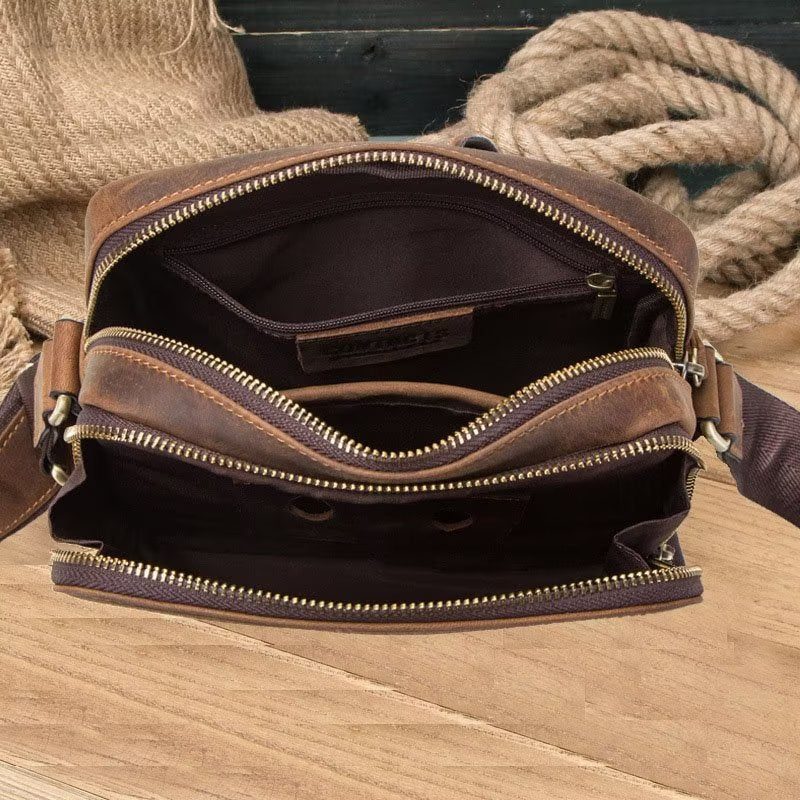 Herre Skuldertasker Elegant Crazy Horse Læder Robust Crossbody Taske - Kaffe