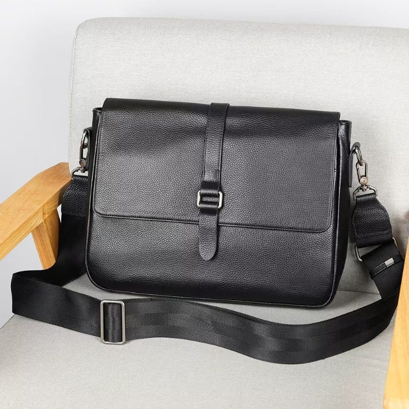 Herre Skuldertasker Luksus Ægte Læder Flap Crossbody Taske - Sort