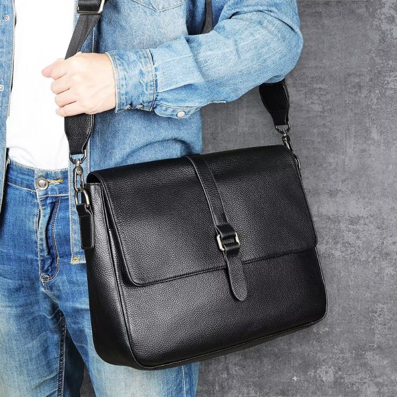 Herre Skuldertasker Luksus Ægte Læder Flap Crossbody Taske - Sort