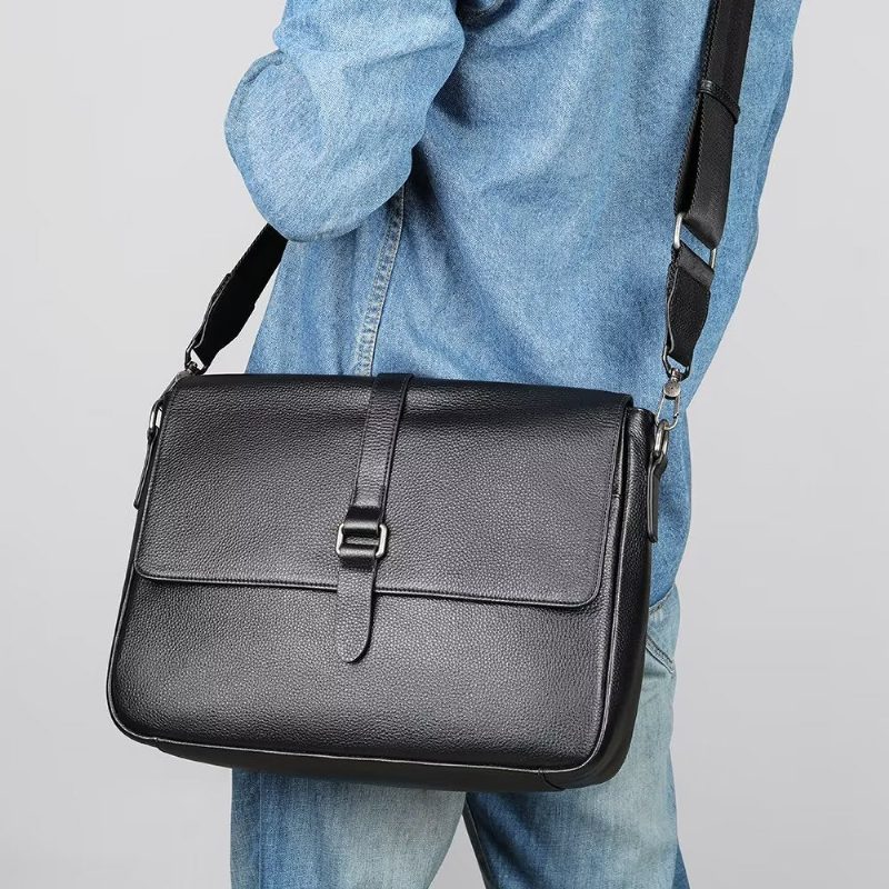 Herre Skuldertasker Luksus Ægte Læder Flap Crossbody Taske - Sort