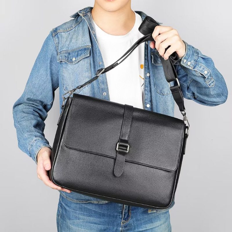 Herre Skuldertasker Luksus Ægte Læder Flap Crossbody Taske - Sort