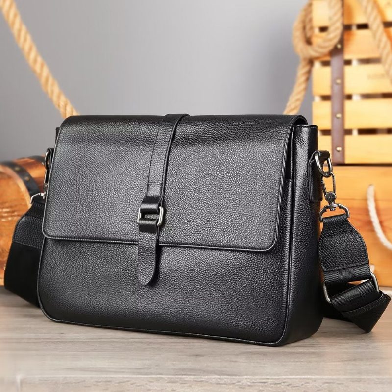 Herre Skuldertasker Luksus Ægte Læder Flap Crossbody Taske - Sort