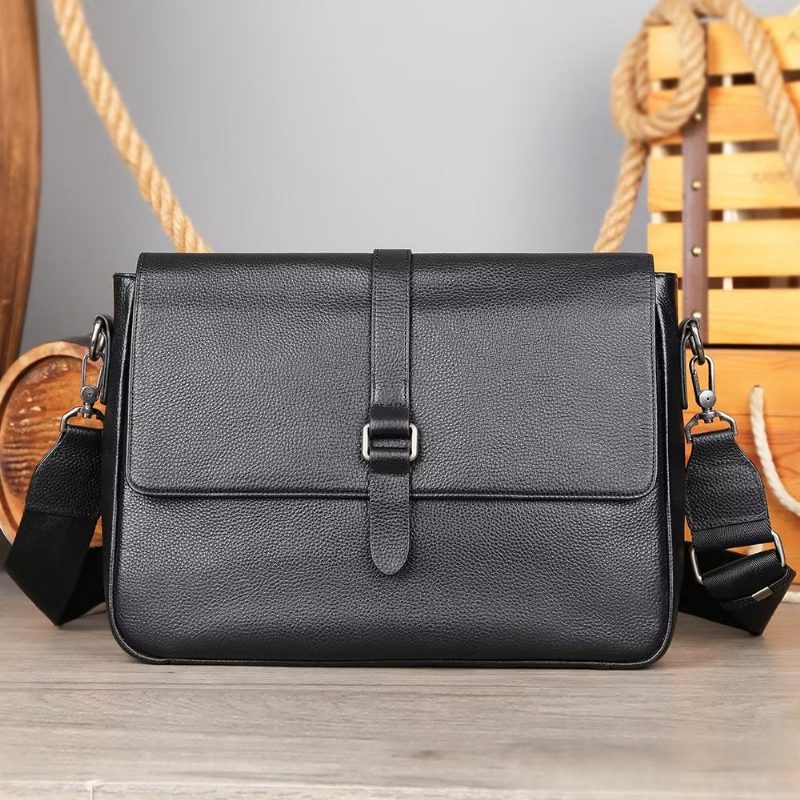 Herre Skuldertasker Luksus Ægte Læder Flap Crossbody Taske - Sort