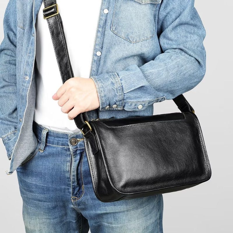 Herre Skuldertasker Luksus Ægte Læder Flap Klassisk Crossbody Taske - Sort