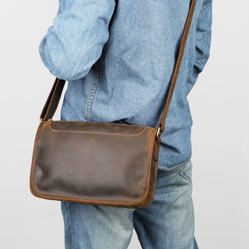 Herre Skuldertasker Luksus Ægte Læder Flap Klassisk Crossbody Taske - Kaffe