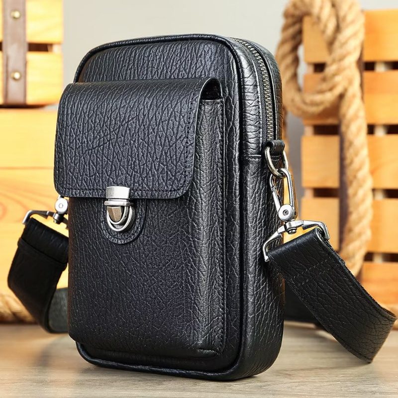 Herre Skuldertasker Luksus Ægte Læder Flap Vintage Crossbody Taske - Sort