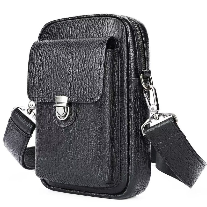 Herre Skuldertasker Luksus Ægte Læder Flap Vintage Crossbody Taske - Sort