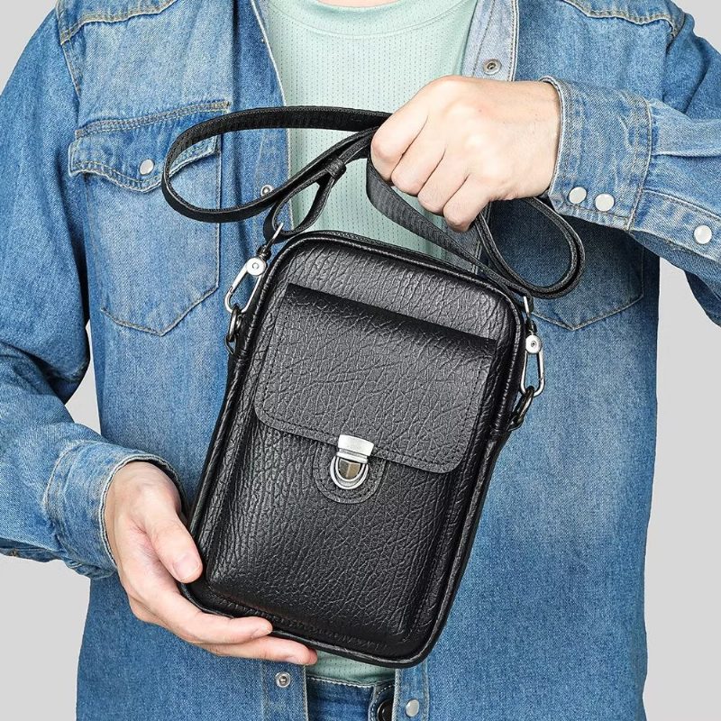 Herre Skuldertasker Luksus Ægte Læder Flap Vintage Crossbody Taske - Sort