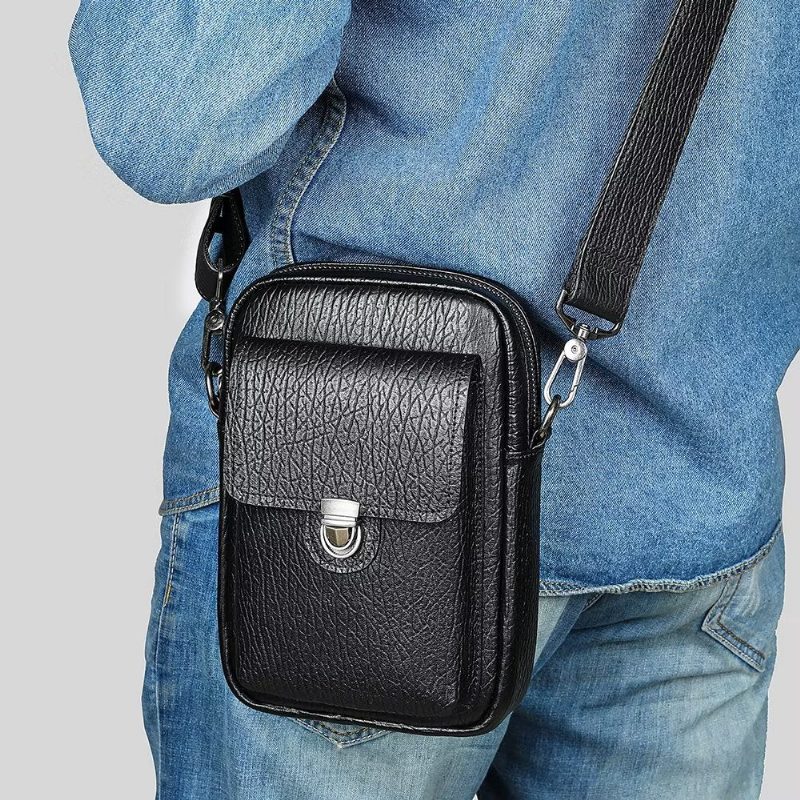 Herre Skuldertasker Luksus Ægte Læder Flap Vintage Crossbody Taske - Sort