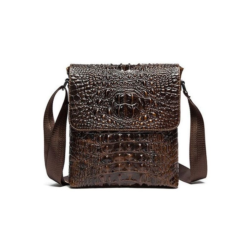 Herre Skuldertasker Luksus Krokodille Læder Flap Lynlås Crossbody Messenger Taske - Kaffe 2