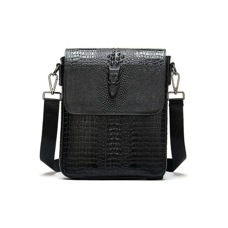 Herre Skuldertasker Luksus Krokodille Læder Flap Lynlås Crossbody Messenger Taske - Sort