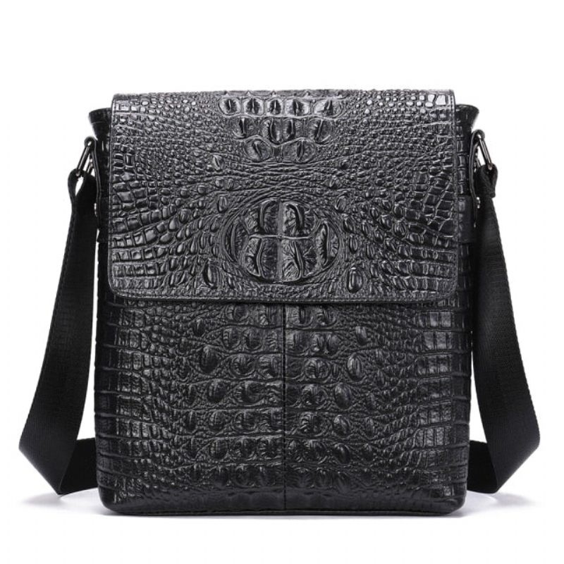 Herre Skuldertasker Luksus Krokodille Læder Flap Lynlås Crossbody Messenger Taske - Sort 2