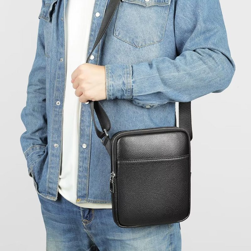 Herre Skuldertasker Luksus Læder Flap Besat Crossbody Taske - Sort