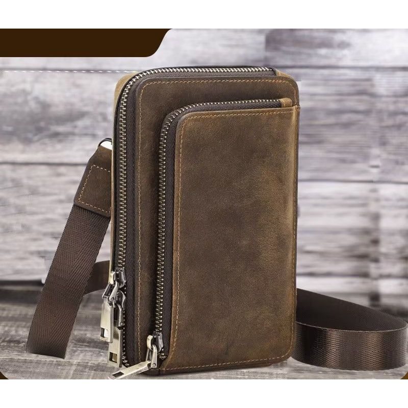 Herre Skuldertasker Luksus Læder Flap Vintage Crossbody Taske - Kaffe