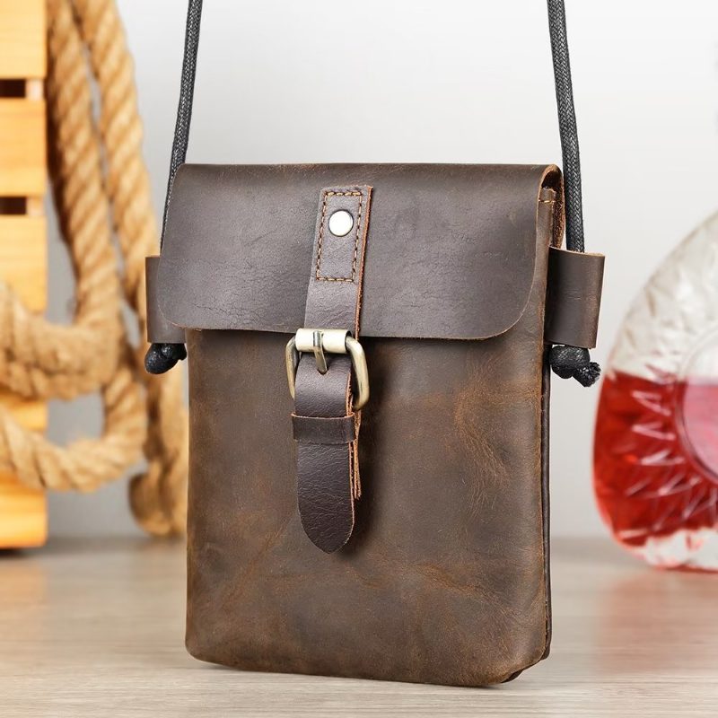 Herre Skuldertasker Luxury Crazy Horse Crossbody-taske I Læder - Kaffe