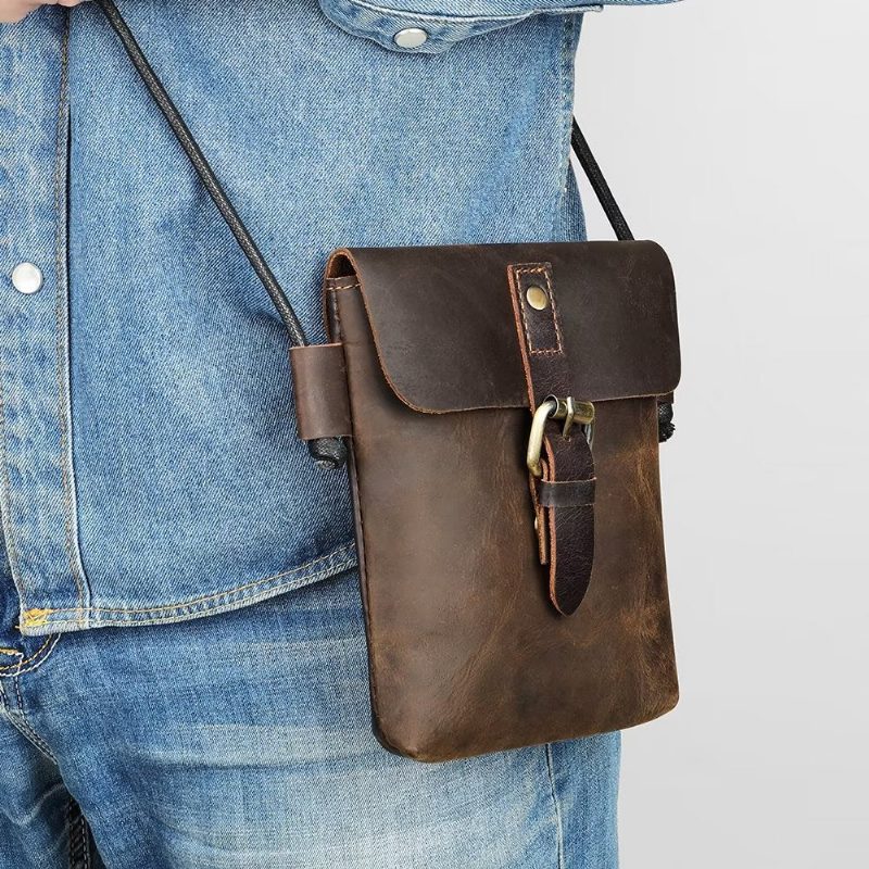 Herre Skuldertasker Luxury Crazy Horse Crossbody-taske I Læder - Kaffe