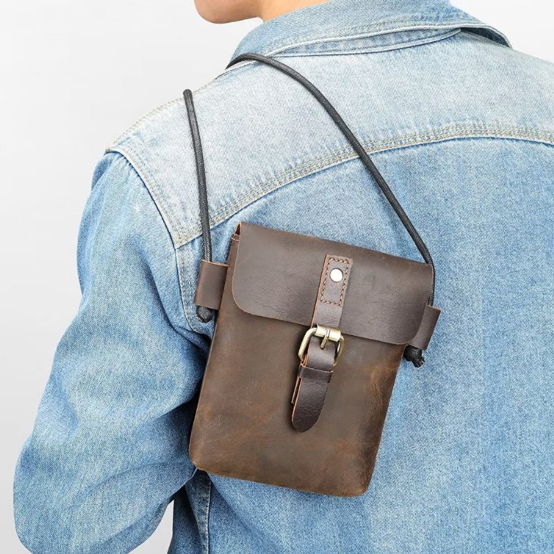 Herre Skuldertasker Luxury Crazy Horse Crossbody-taske I Læder - Kaffe