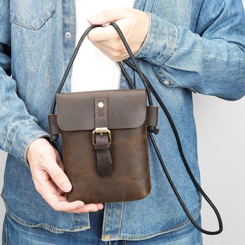 Herre Skuldertasker Luxury Crazy Horse Crossbody-taske I Læder - Kaffe