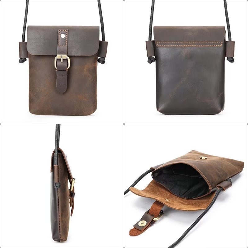 Herre Skuldertasker Luxury Crazy Horse Crossbody-taske I Læder - Kaffe