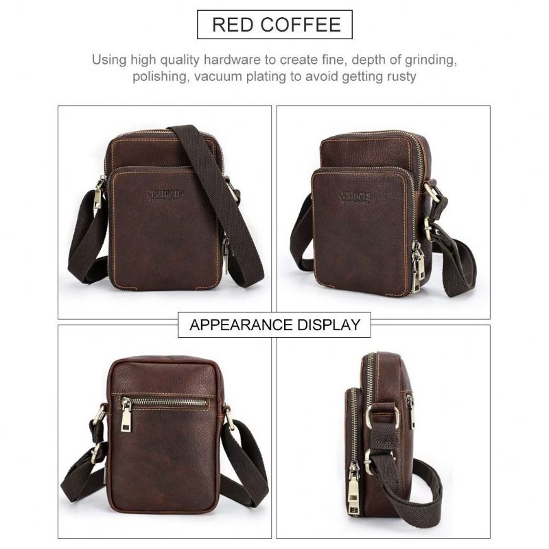 Herre Skuldertasker Luxury Crossbody Messenger Taske Crazy Horse Collection - Kaffe