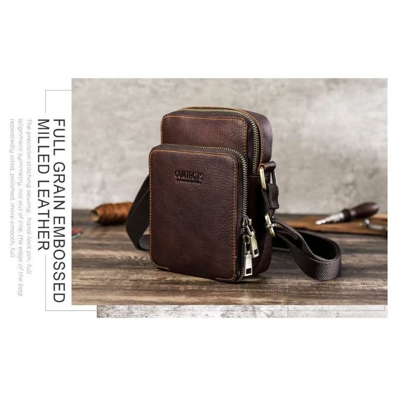 Herre Skuldertasker Luxury Crossbody Messenger Taske Crazy Horse Collection - Kaffe