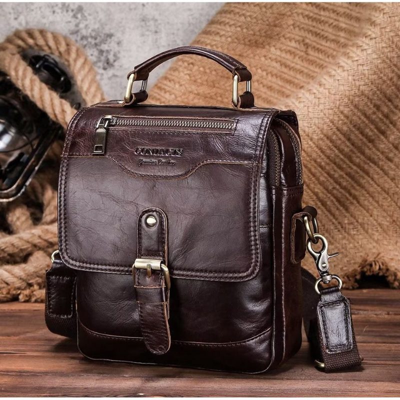 Herre Skuldertasker Luxury Crossbody Messenger Taske Crazy Horse Rugged Collection - Kaffe