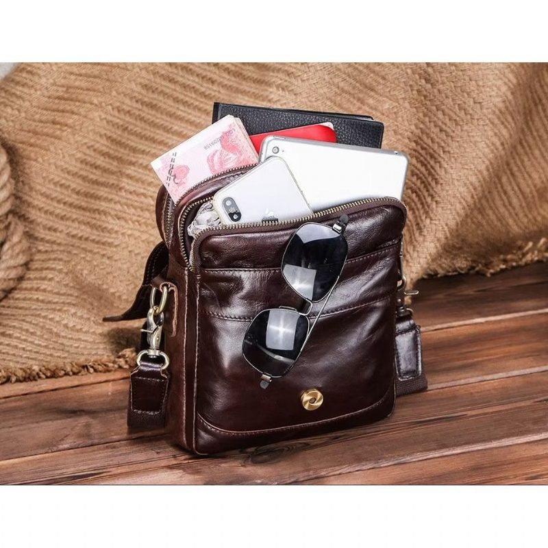 Herre Skuldertasker Luxury Crossbody Messenger Taske Crazy Horse Rugged Collection - Kaffe