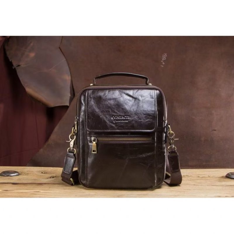 Herre Skuldertasker Luxury Crossbody Messenger Taske Crazy Horse Rugged Collection - Kaffe