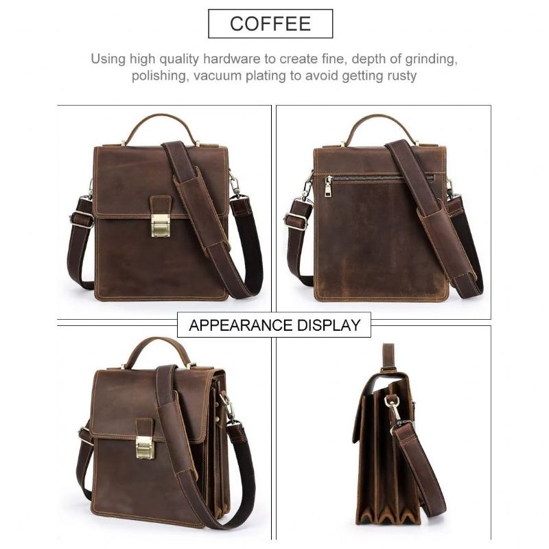 Herre Skuldertasker Luxury Crossbody Messenger Taske Crazy Horse Vintage Collection - Kaffe