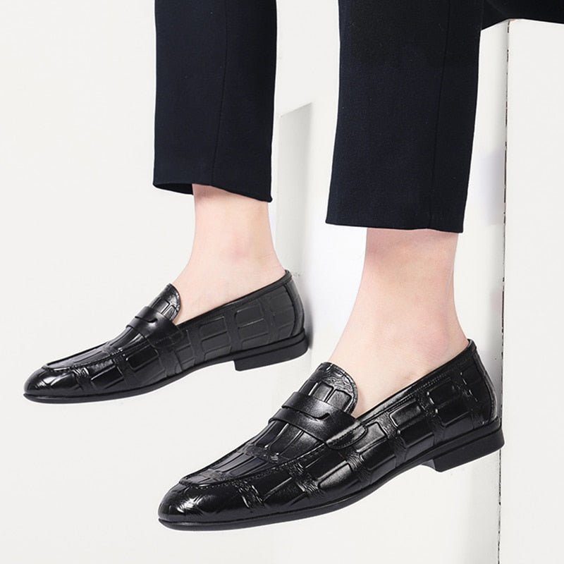 Loafers Til Mænd Ægte Læder Præget Slip-on Elegance - Sort