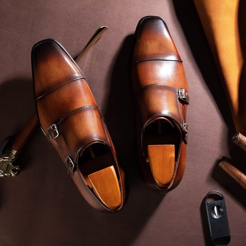 Mænds Formelle Sko Slip-on Monkstraps I Raffineret Læder - Kaffe