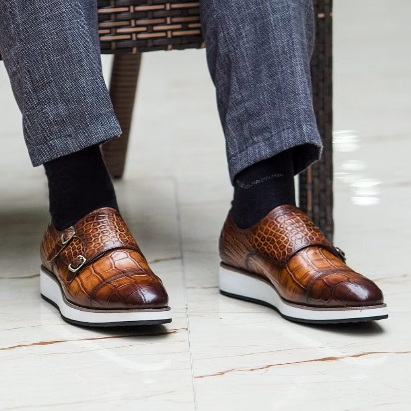 Mænds Formelle Sko Udsøgte Crocodile Texture Monkstraps - Kaffe