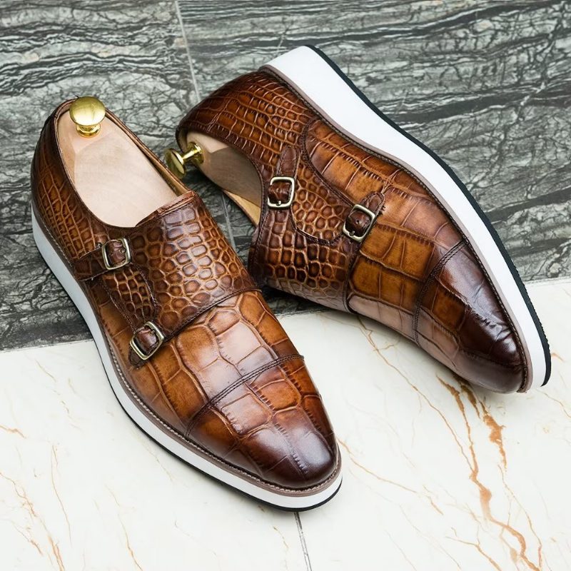 Mænds Formelle Sko Udsøgte Crocodile Texture Monkstraps - Kaffe