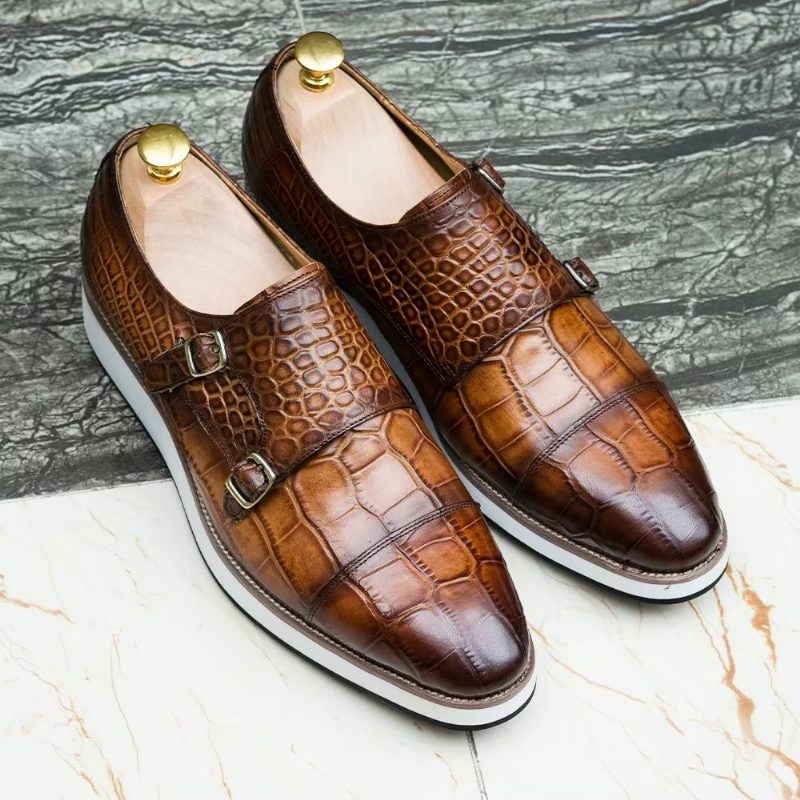 Mænds Formelle Sko Udsøgte Crocodile Texture Monkstraps - Kaffe