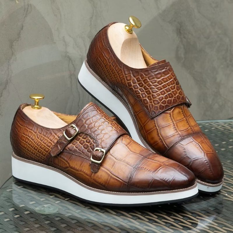 Mænds Formelle Sko Udsøgte Crocodile Texture Monkstraps - Kaffe