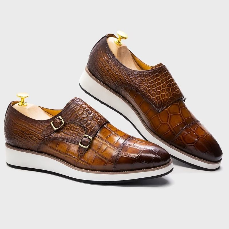 Mænds Formelle Sko Udsøgte Crocodile Texture Monkstraps - Kaffe