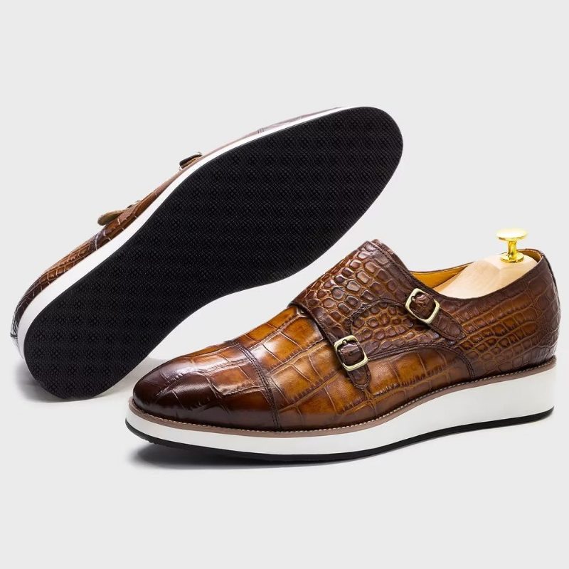 Mænds Formelle Sko Udsøgte Crocodile Texture Monkstraps - Kaffe