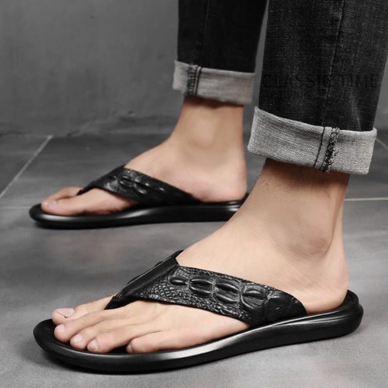 Mænds Fritidssko Ægte Læder Krokodille Tekstur Flip Flop Sandaler - Sort