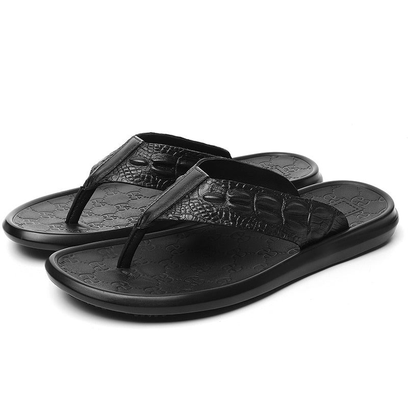 Mænds Fritidssko Ægte Læder Krokodille Tekstur Flip Flop Sandaler - Sort