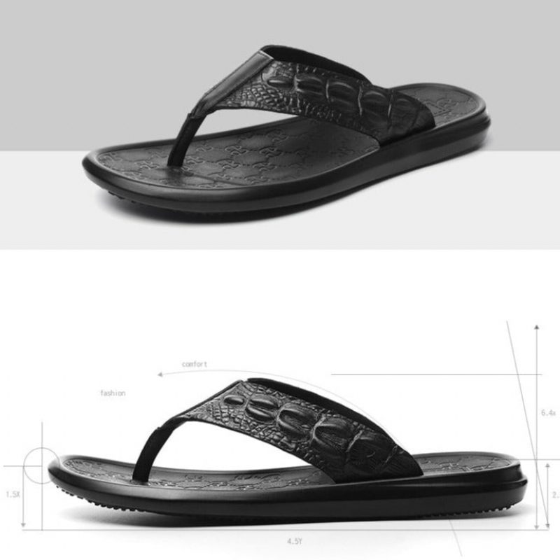 Mænds Fritidssko Ægte Læder Krokodille Tekstur Flip Flop Sandaler - Sort