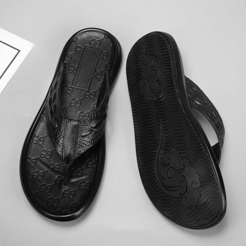 Mænds Fritidssko Ægte Læder Krokodille Tekstur Flip Flop Sandaler - Sort