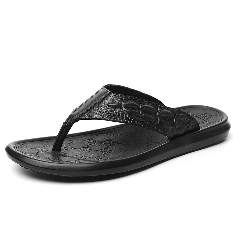 Mænds Fritidssko Ægte Læder Krokodille Tekstur Flip Flop Sandaler - Sort