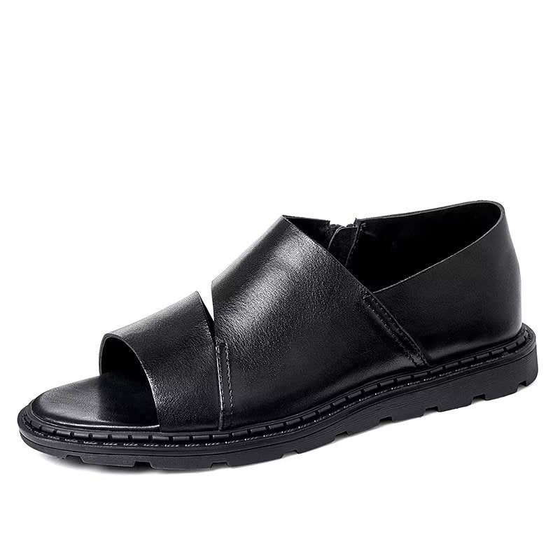 Mænds Fritidssko Læder Peep Toe Sandaler - Sort