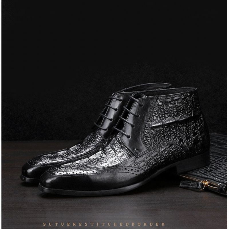 Mændsstøvler Croc Texture Ankelsnøre Brogue-støvler - Sort