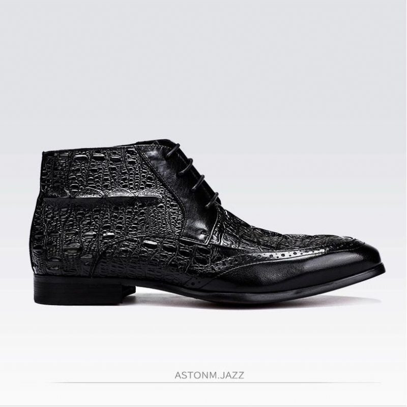 Mændsstøvler Croc Texture Ankelsnøre Brogue-støvler - Sort