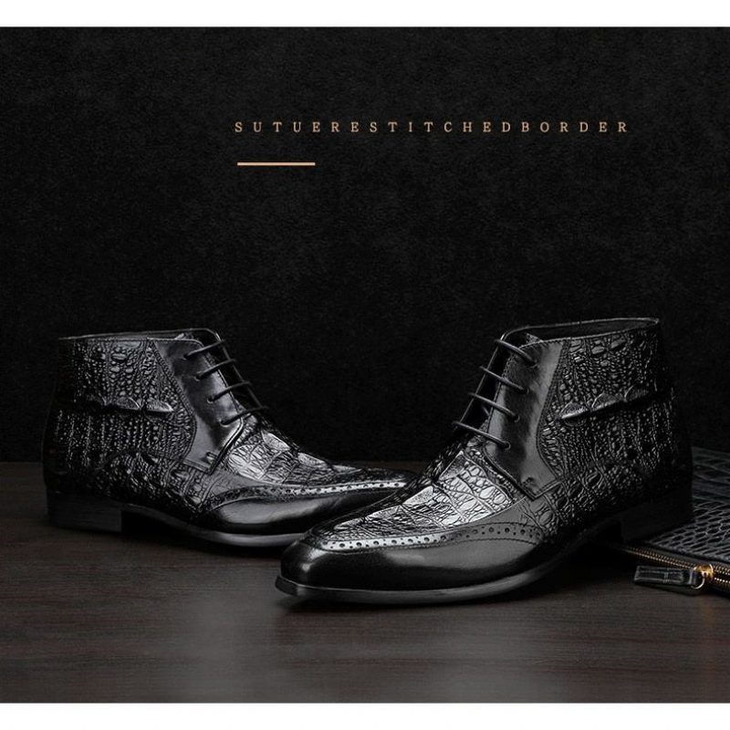 Mændsstøvler Croc Texture Ankelsnøre Brogue-støvler - Sort