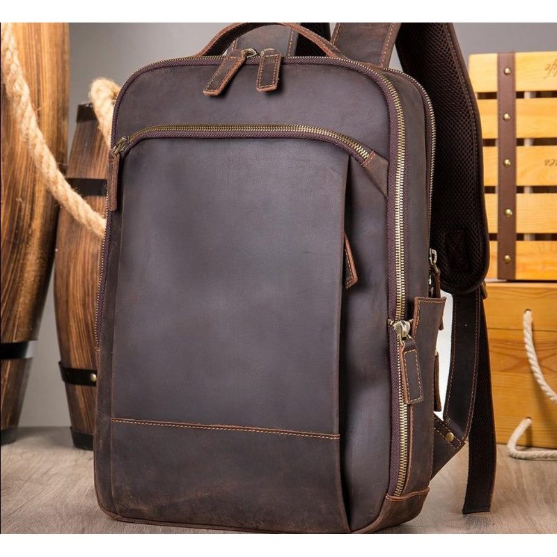 Rygsække Til Mænd Vintage Luksus Læder Laptop Travel Daypack - Kaffe